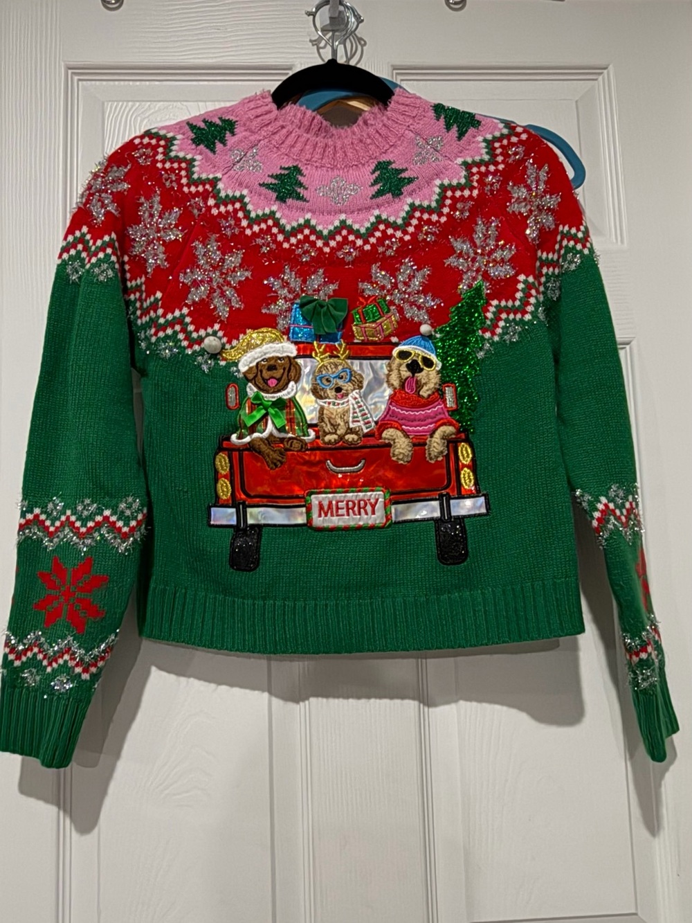 Holiday Time Green Red & Pink Crewneck Sweater with Festive Puppy Truck